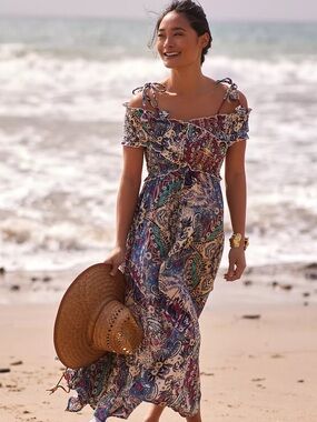 Anthropologie Smocked Paisley Criss-Cross Paisley Maxi Dress Womens M Boho Beach